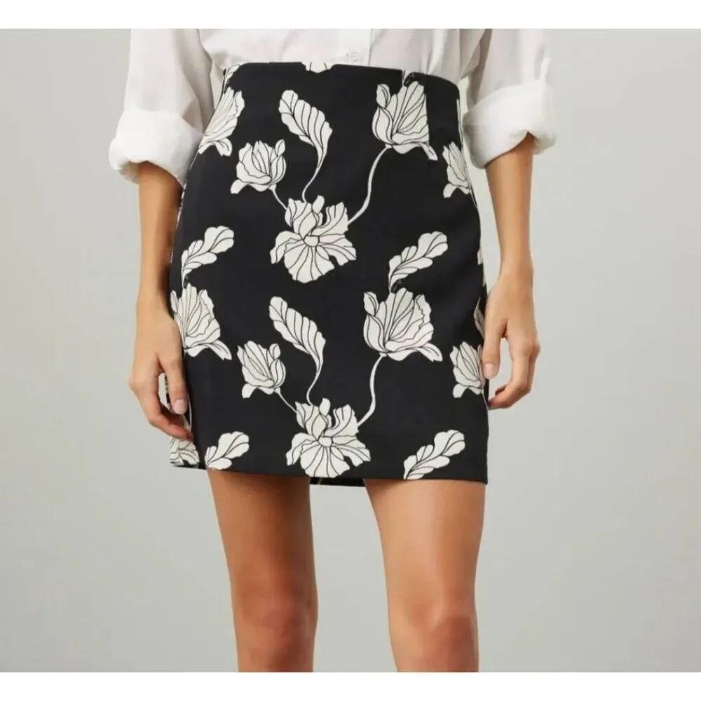 Adam Lippes Black & White Floral Mini Pencil Skirt sz 0